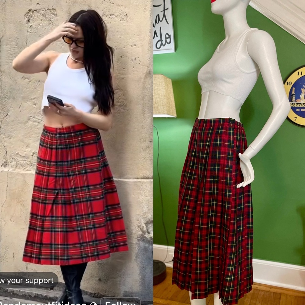 Vintage 90s Red tartan plaid wool maxi skirt. USA made by Requirements. Sz12